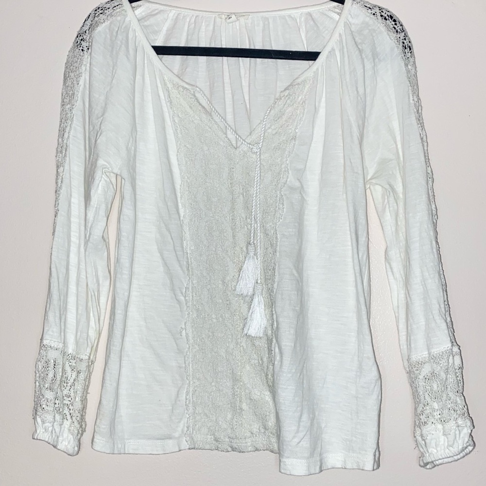 Joie Feyah White Crochet Lace Embroidered Tassel White Boho Long Sleeve Top - Picture 3 of 7